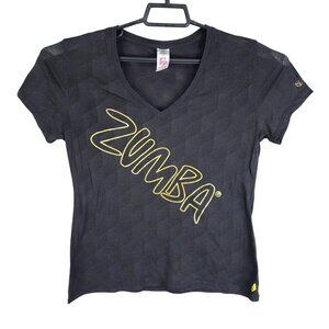 Womens Black Zumba T Shirt V Neck Short Sleeve lightweight sheer Size L
